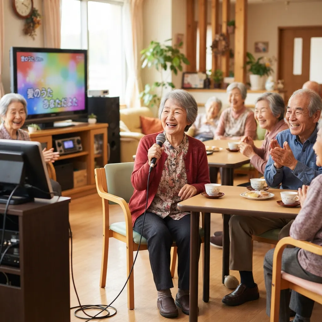 「歌って、動いて、笑顔に!」老人ホームのカラオケや体操がある...